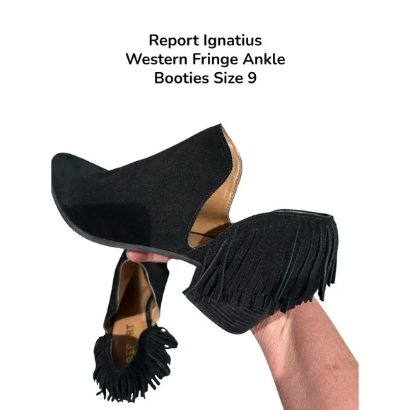 Boho Western Chic Black Faux Suede Fringe Slip On Ankle Booties Boots Size 9 - Picture 2 of 9